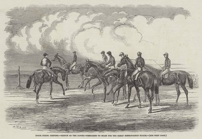Reunión de Primavera en Epsom, Boceto en las Colinas, preparándose para comenzar las Grandes Apuestas Metropolitanas de Harrison William Weir